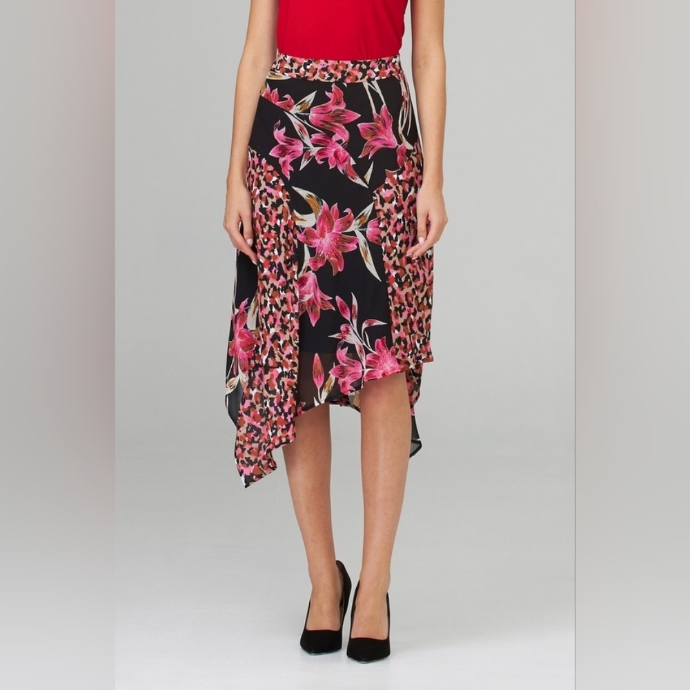 Joseph Ribkoff Skirt Pink Leopard Floral Midi High Rise Flowy Womens Size 8